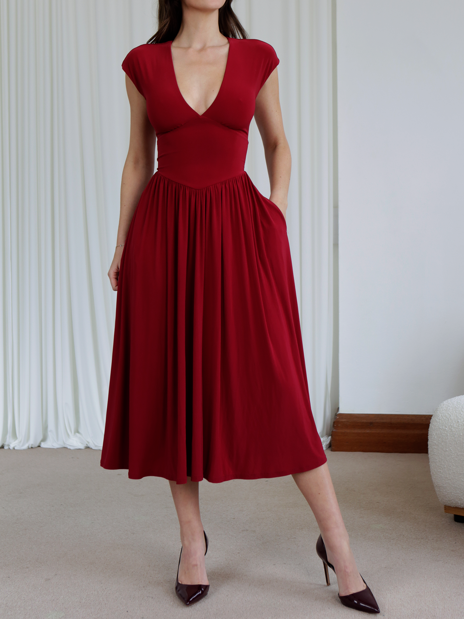 Women's Casual Deep V Neck Cap Sleeve Pleated Swing A Line Midi Dress With Pockets