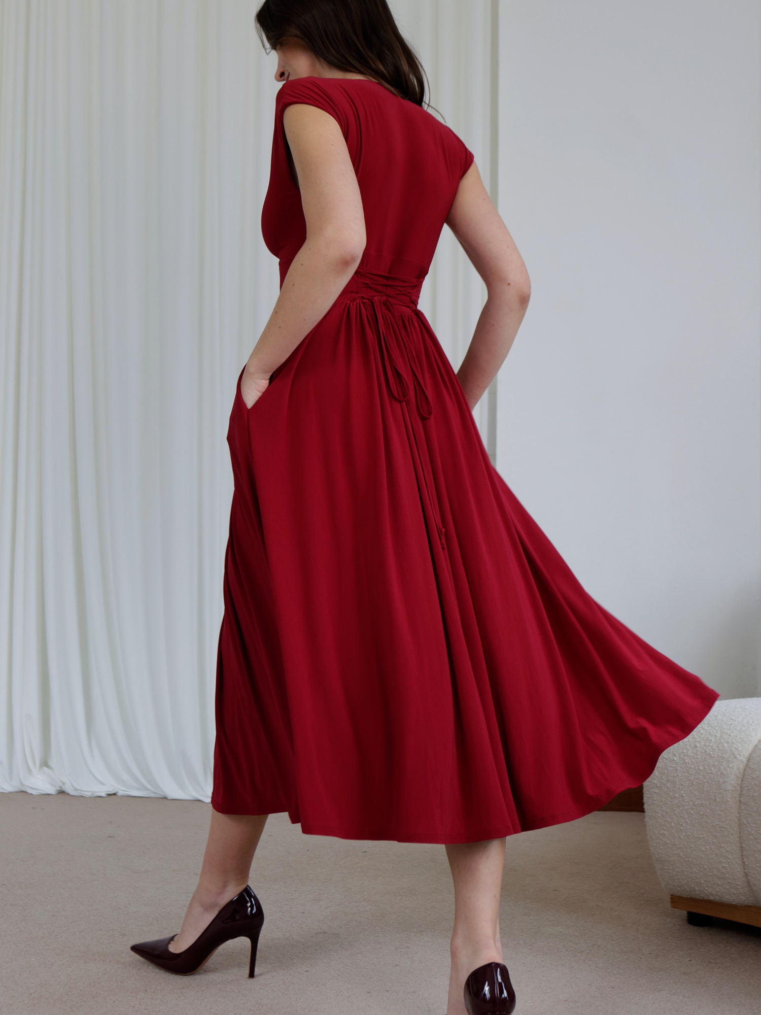 Women's Casual Deep V Neck Cap Sleeve Pleated Swing A Line Midi Dress With Pockets