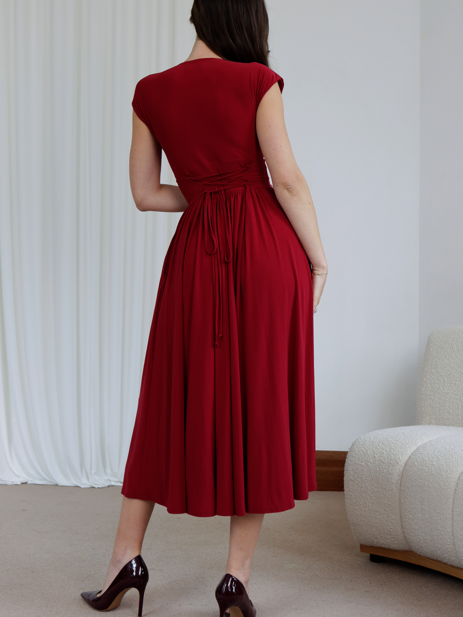 Women's Casual Deep V Neck Cap Sleeve Pleated Swing A Line Midi Dress With Pockets