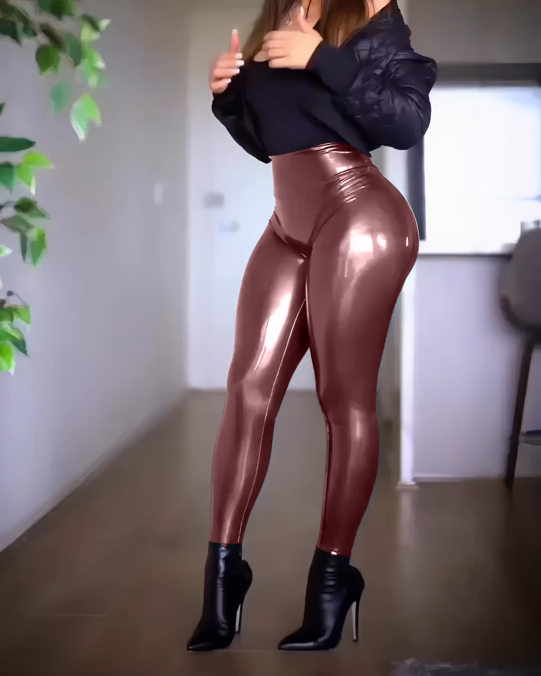 Bombonds High Waisted Butt Lifter Leggings Shiny Faux Leather Pants