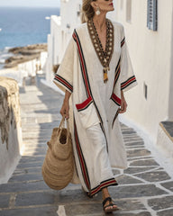 V-Neck Kaftan Maxi Dress with Black Stripe Detail