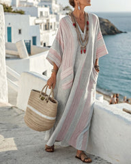 V-Neck Kaftan Maxi Solid Dress with Stripe Detail