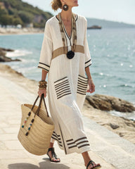 V-Neck Kaftan Maxi Dress with Black Stripe Detail
