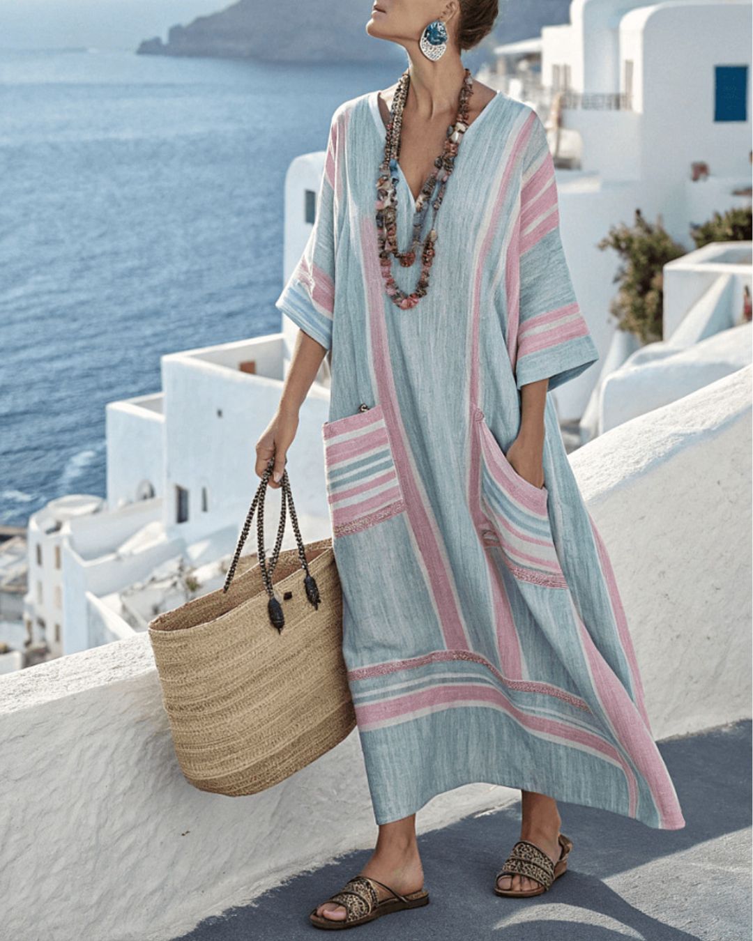 V-Neck Kaftan Maxi Solid Dress with Stripe Detail