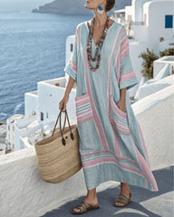 V-Neck Kaftan Maxi Solid Dress with Stripe Detail