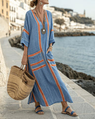 V-Neck Kaftan Maxi Solid Dress with Stripe Detail