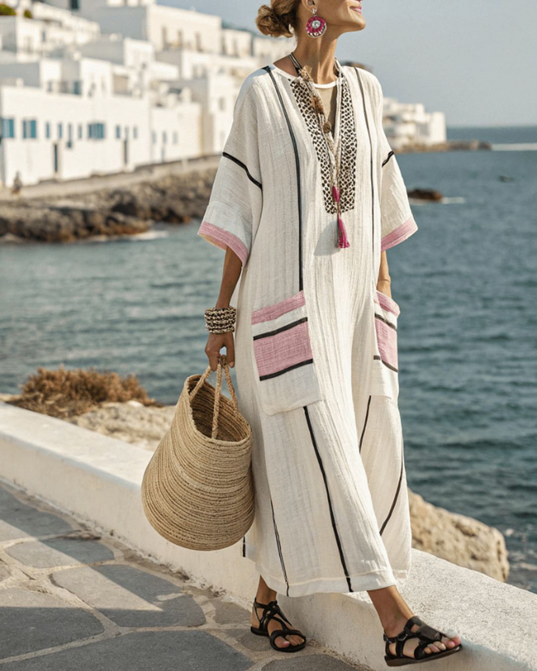 V-Neck Kaftan Maxi Dress with Black Stripe Detail