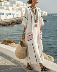 V-Neck Kaftan Maxi Dress with Black Stripe Detail