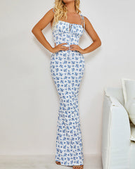 Romantic Floral Ruched Tie-Strap Maxi Dress