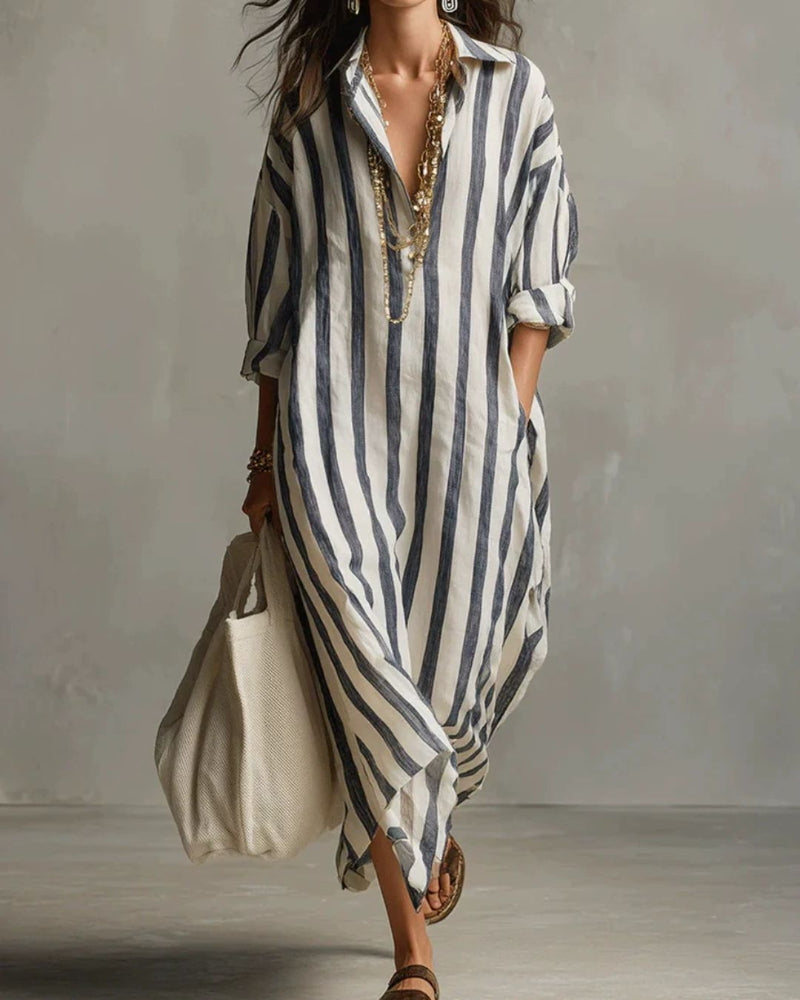 Casual Striped Shirt Boho Maxi Dress