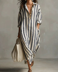 Casual Striped Shirt Boho Maxi Dress