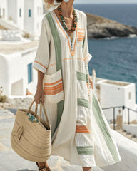 V-Neck Kaftan Maxi Dress with Green Orange Stripe Detail