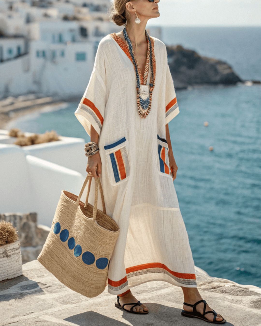 V-Neck Kaftan Maxi Dress with Blue Orange Stripe Detail
