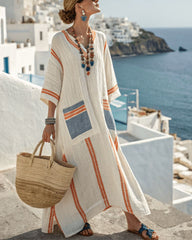 V-Neck Kaftan Maxi Dress with Blue Orange Stripe Detail