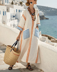 V-Neck Kaftan Maxi Dress with Blue Orange Stripe Detail