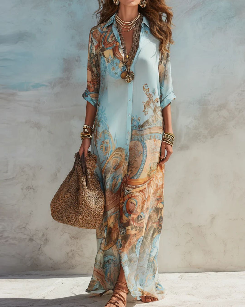 Baroque Style Floral Ocean Maxi Dress