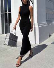 Knit Elegant Evening Dress Women High Waist Slim Sleeveless Bodycon Maxi