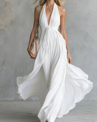 Deep V Halter Maxi Dress Cinched Waist Flowing Skirt Elegant Evening & Vacation Dress