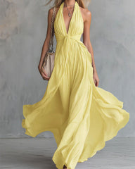 Deep V Halter Maxi Dress Cinched Waist Flowing Skirt Elegant Evening & Vacation Dress