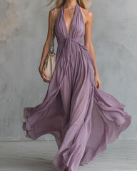 Deep V Halter Maxi Dress Cinched Waist Flowing Skirt Elegant Evening & Vacation Dress
