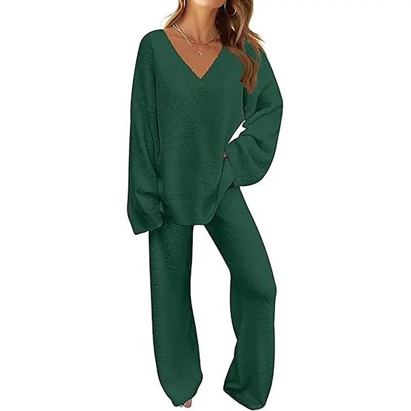 Soft Fuzzy V-Neck Loungewear Set