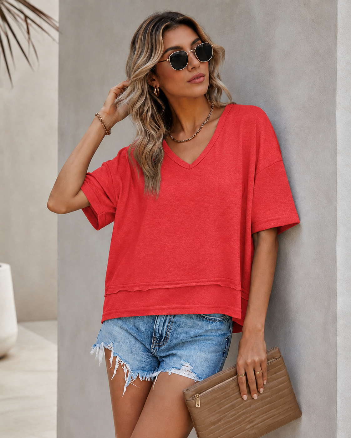 Women’s Casual V-Neck Short Sleeve Loose Fit T-Shirt