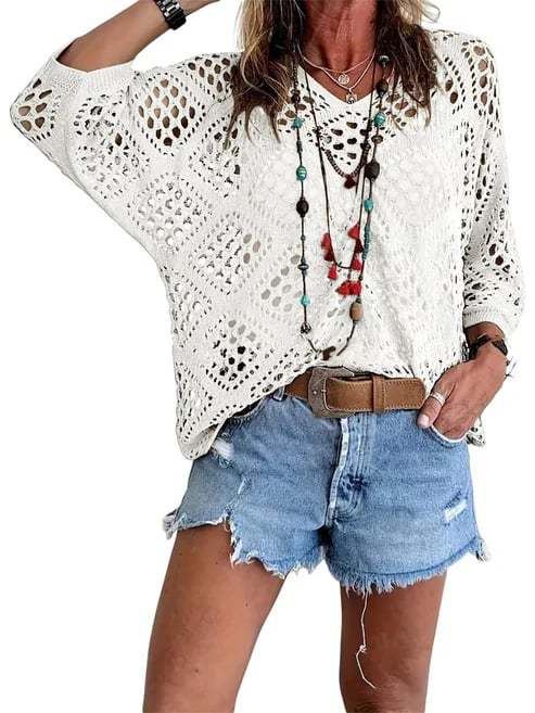 Women's Bohemian-Inspired Beige Crochet Top with V-Neck