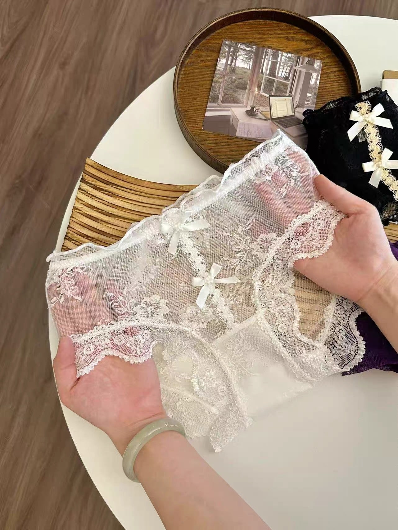 Sheer Floral Lace Bow Panties with Cotton Gusset