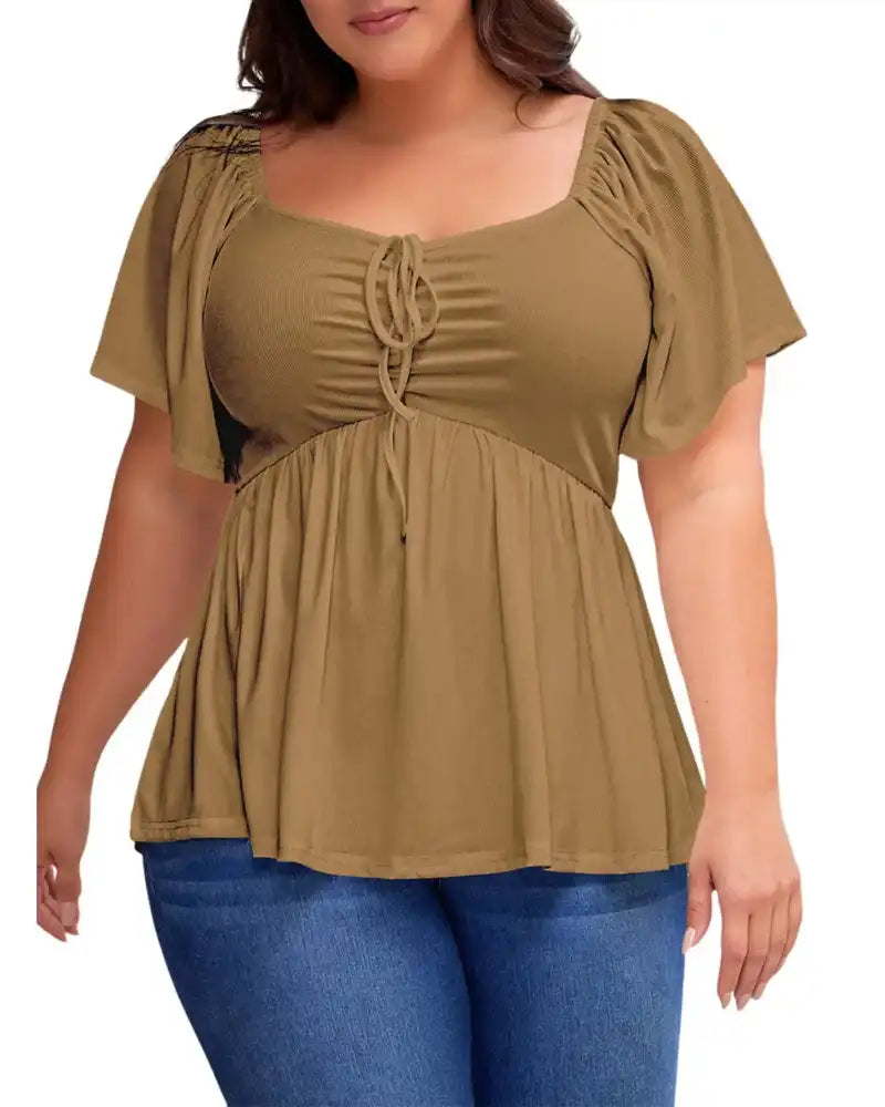 (XL-5XL) Plus Size Square Neck Short Sleeve Shirred Peplum Blouse