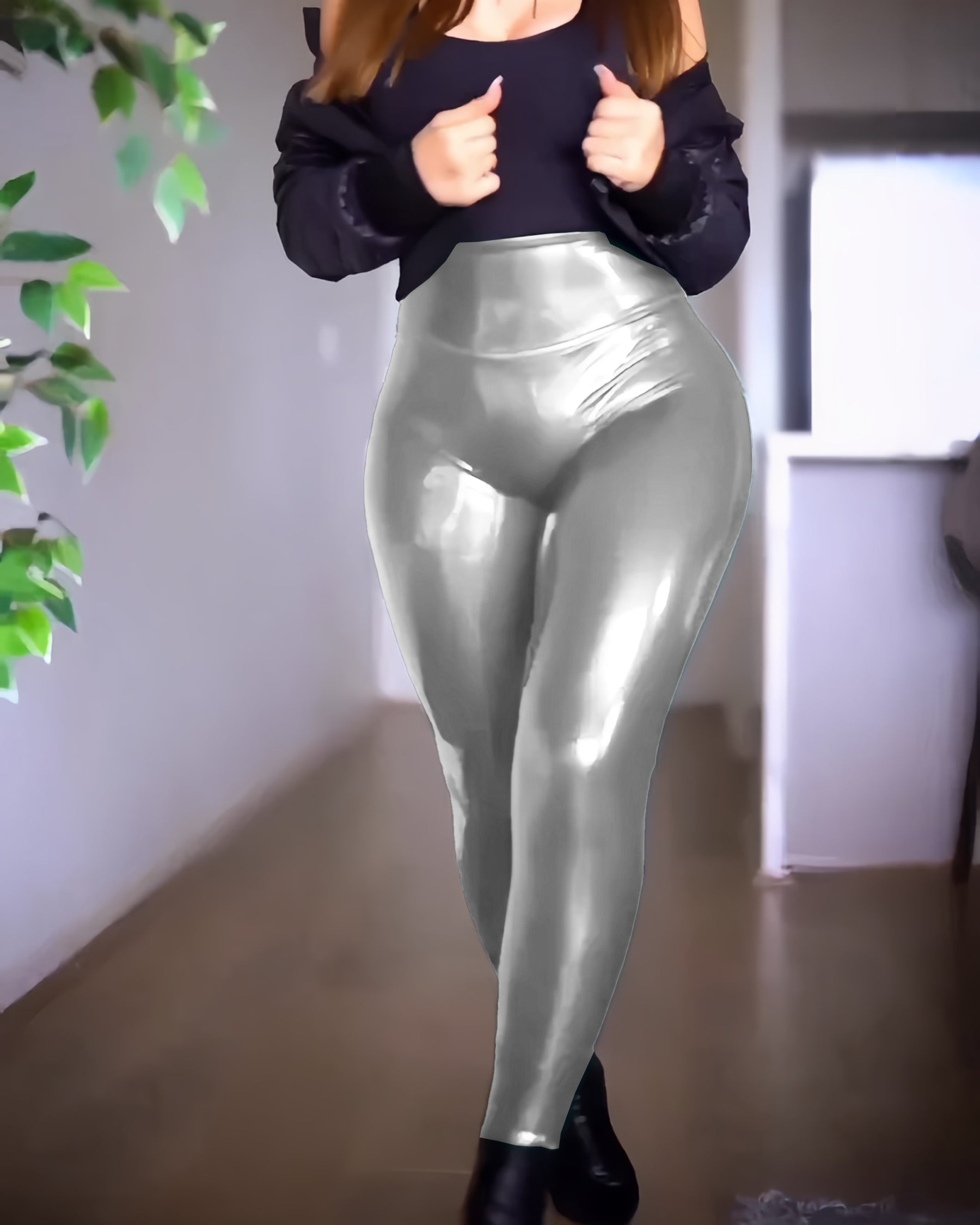 Bombonds High Waisted Butt Lifter Leggings Shiny Faux Leather Pants