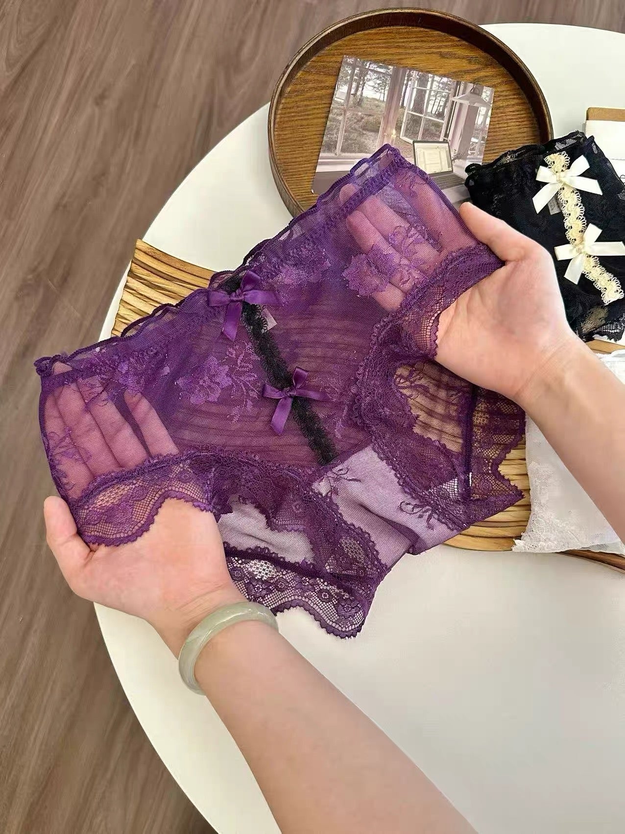 Sheer Floral Lace Bow Panties with Cotton Gusset