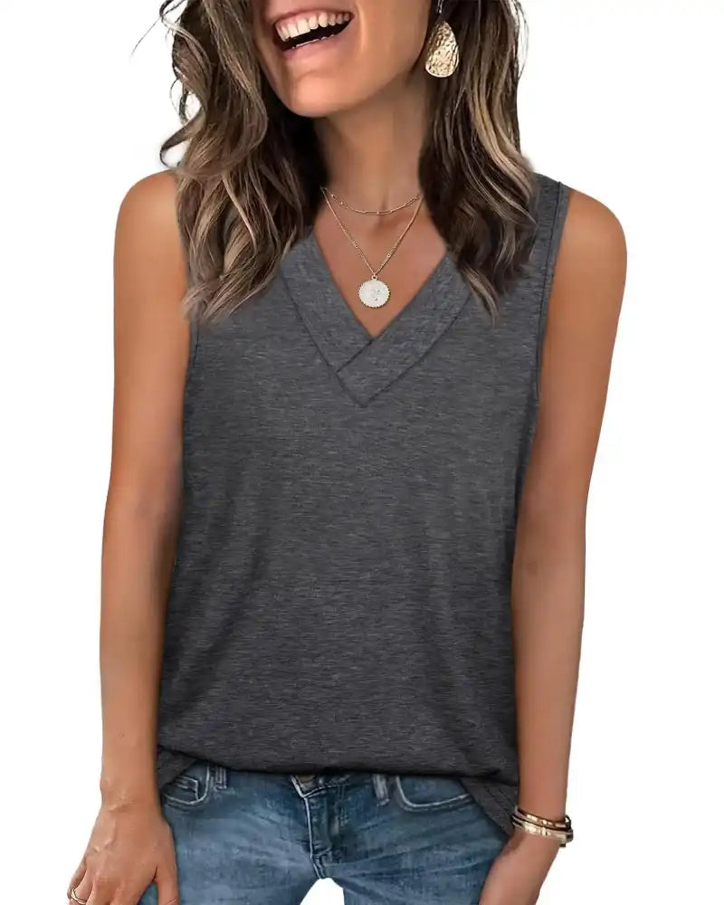 (S - 5XL) Women's V-Neck Tank Top - Loose Fit Summer Basic Tee