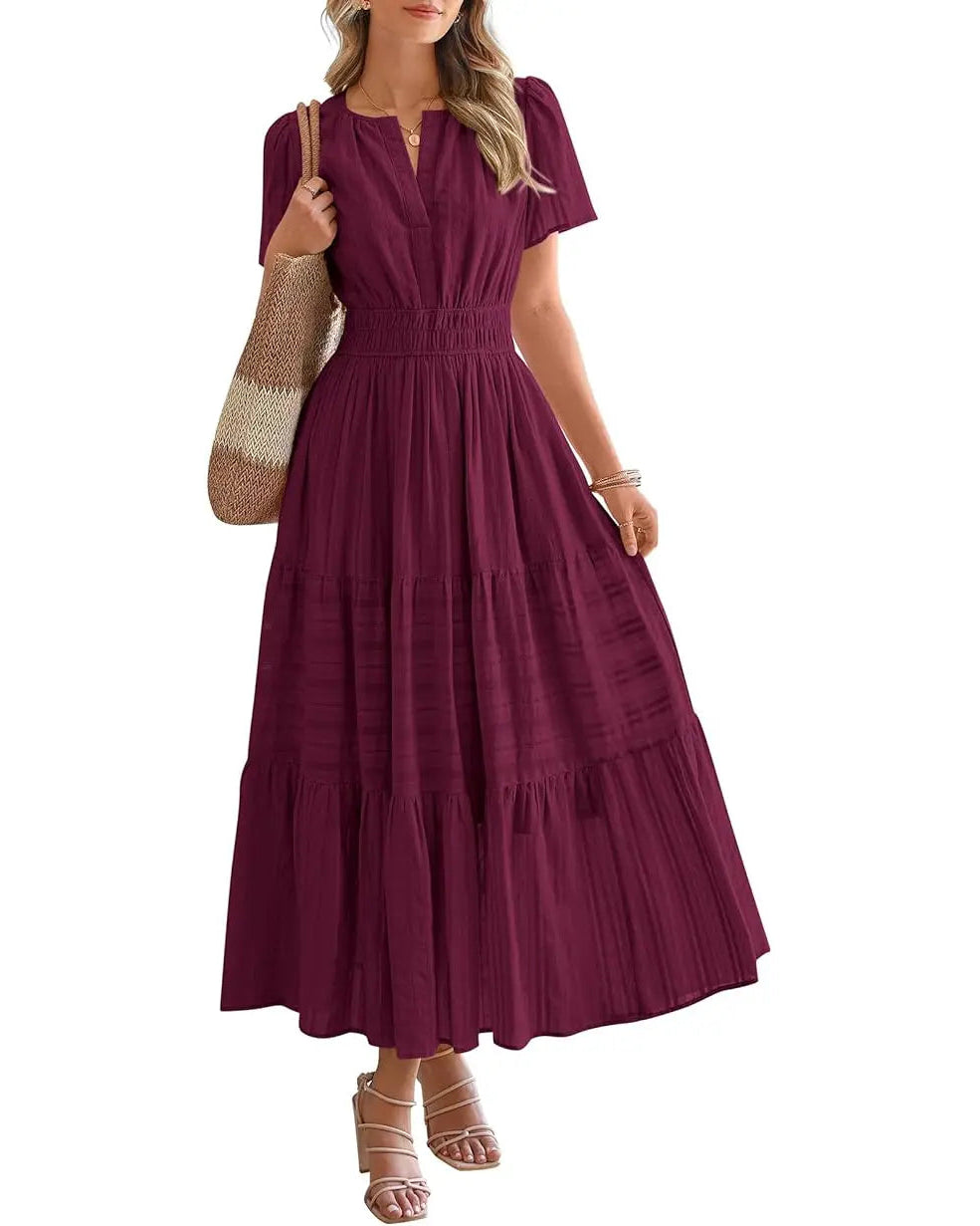 Women's Casual Boho Maxi Dress V Neck Short Sleeve with Pockets